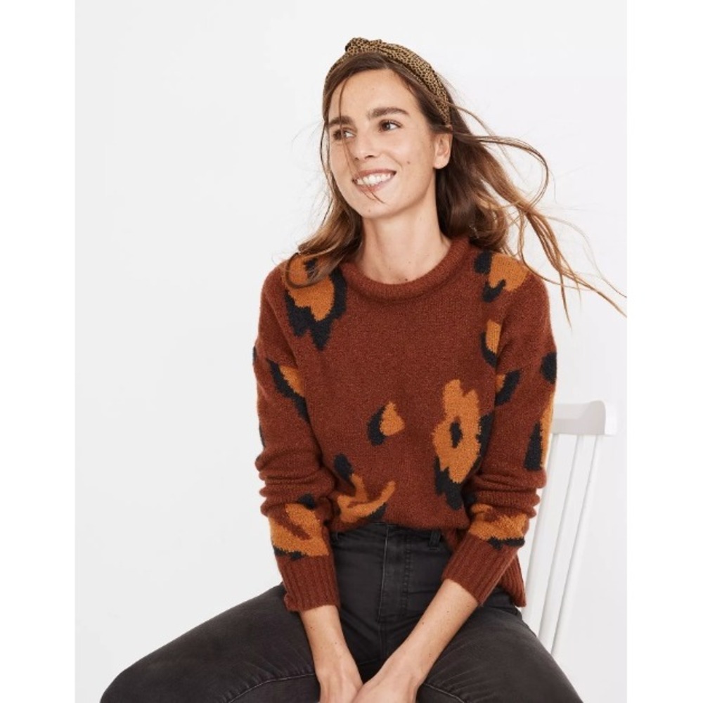Madewell Leopard Intarsia Fulton Pullover XXS Mahogany Wool Alpaca Blend Sweater